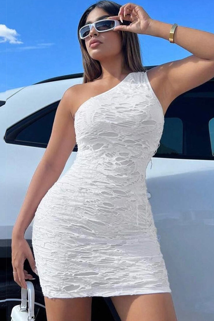 White One Shoulder Textured Sexy Fitted Mini Dress