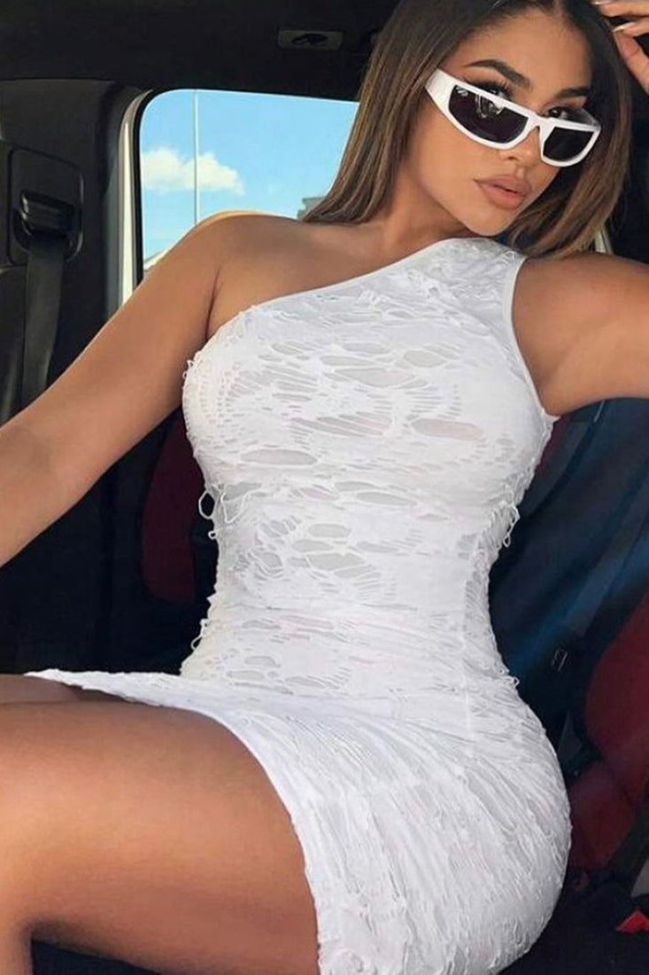 White One Shoulder Textured Sexy Fitted Mini Dress