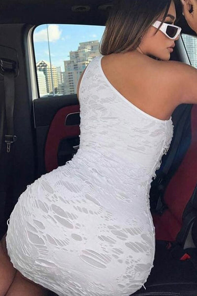 White One Shoulder Textured Sexy Fitted Mini Dress