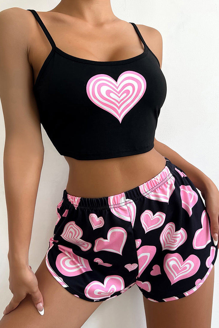 Black Pink Hearts Crop Top Booby Shorts 2Pc Sexy Pajamas Set