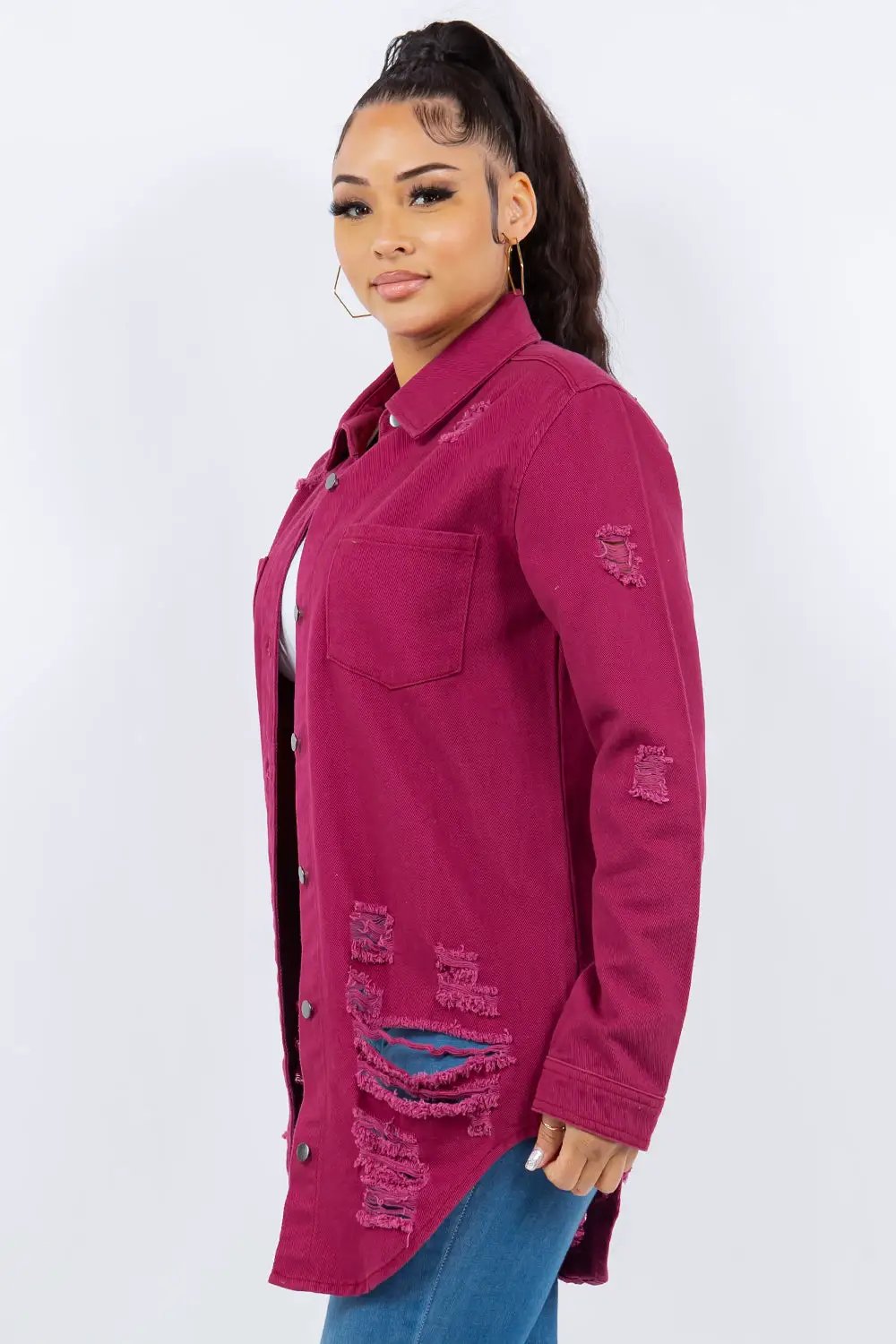 American Bazi Distressed Button Up Long Sleeve Denim Jacket