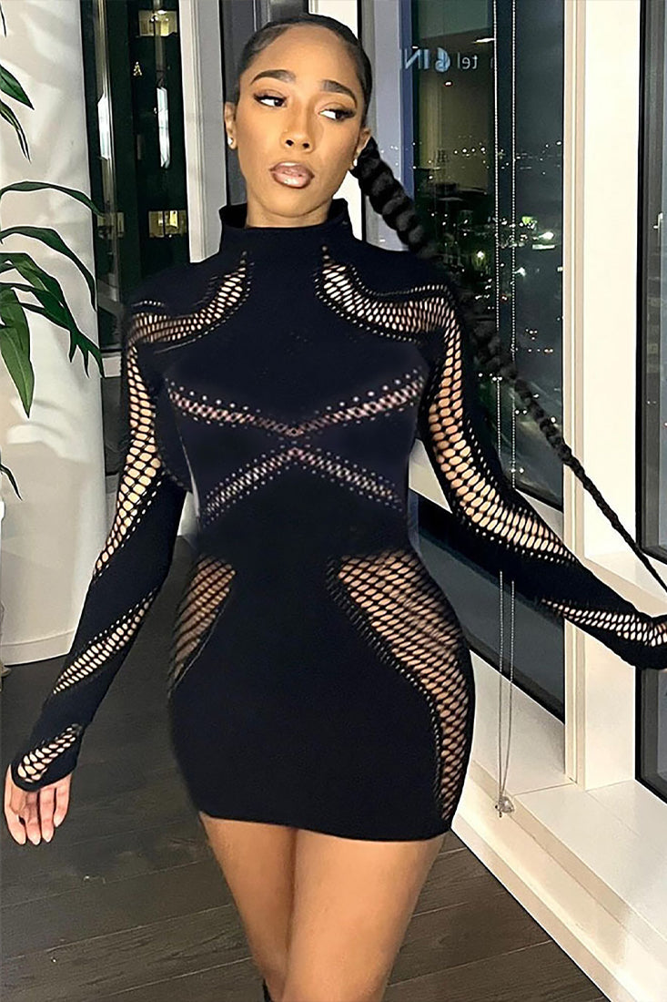 Black Cut-Out Long Sleeves Stretchy Sexy Party Dress