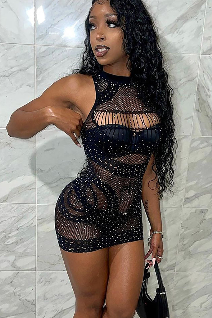 Black Rhinestone Covered Netted Stretchy Sexy Mini Dress