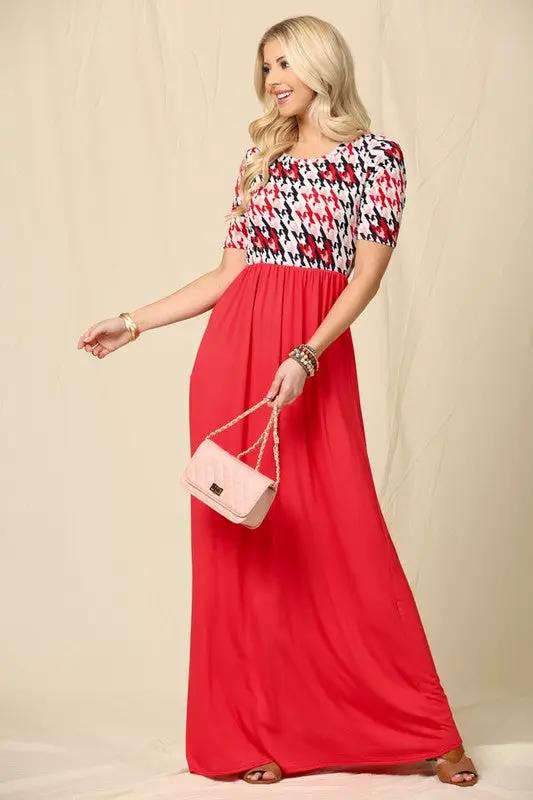 Celeste Full Size Houndstooth Round Neck Short Sleeve Maxi Dress Plus Size