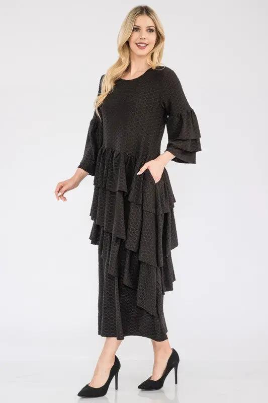 Celeste Full Size Honey Comb Asymmetrical Ruffle Midi Dress Plus Size