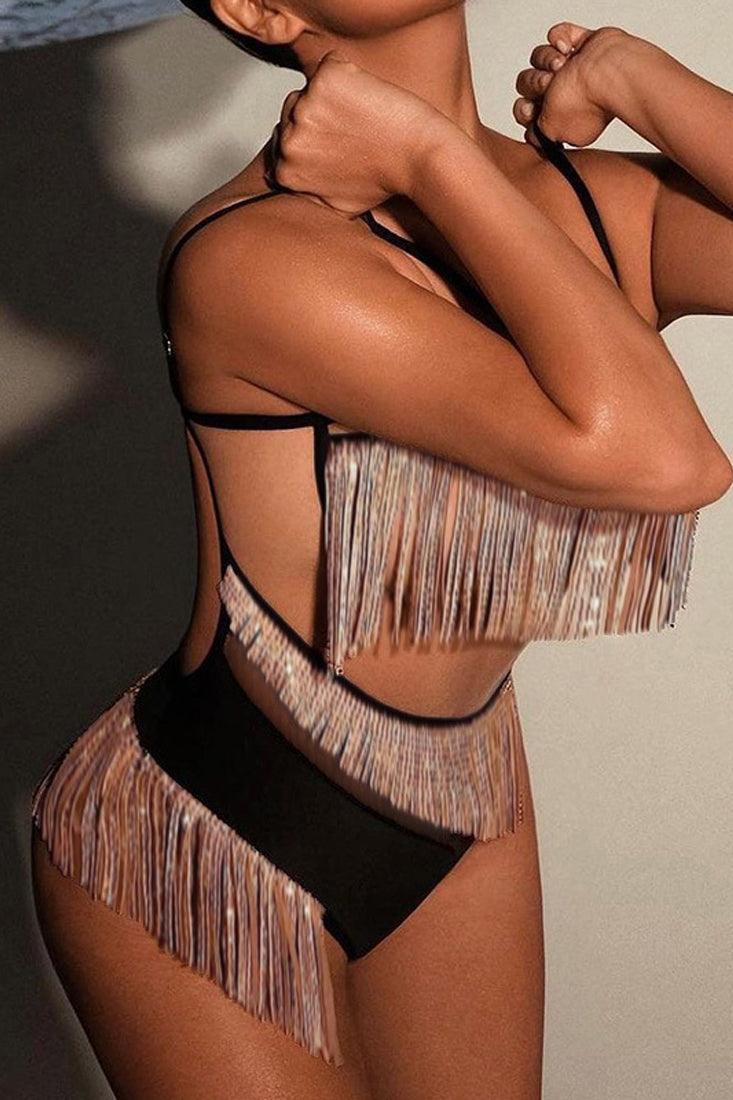 Black Nude Mesh Silver Fringe Cut Out Bottom Button Sexy Bodysuit