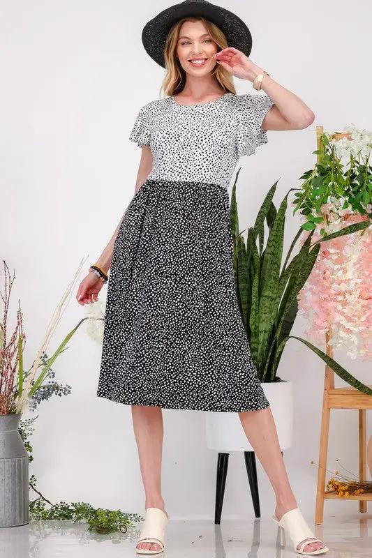 Celeste Plus Size Two Tone Animal Print Flutter Sleeve Midi Dress