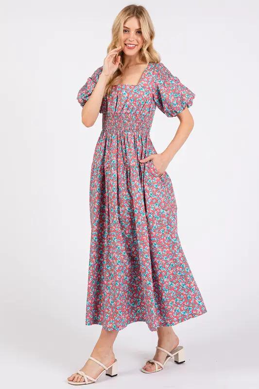 Mittoshop Smocked Floral Square Neck Puff Sleeve Midi Dress