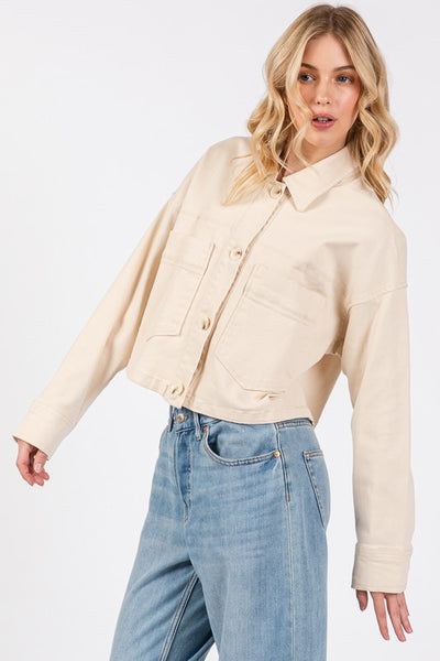 bytos Button Down Cropped Denim Jacket with Patch Pockets