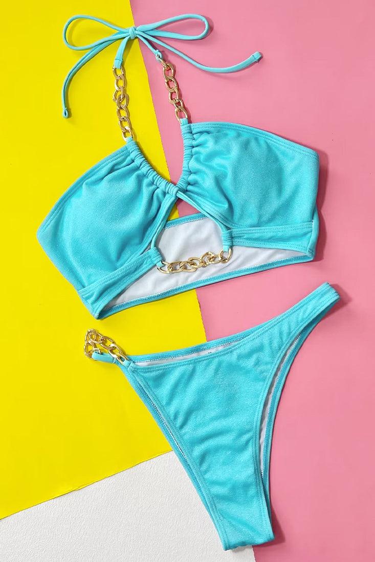 Sky Blue Gold Chain Shimmer Sparkly Cheeky 2Pc Swimsuit Set Bikini - AMIClubwear