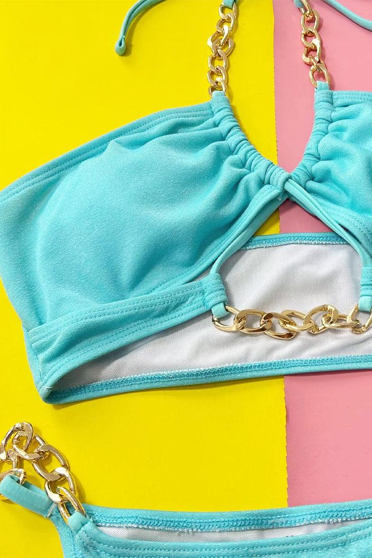 Sky Blue Gold Chain Shimmer Sparkly Cheeky 2Pc Swimsuit Set Bikini - AMIClubwear