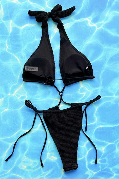 Black Ribbed Halter Strappy Ruched Cheeky Monokini 1Pc Swimsuit - AMIClubwear