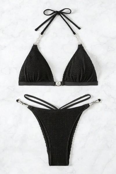 Black Rhinestone Designer Buckle Strappy Sexy Bikini 2Pc Swimsuit Set