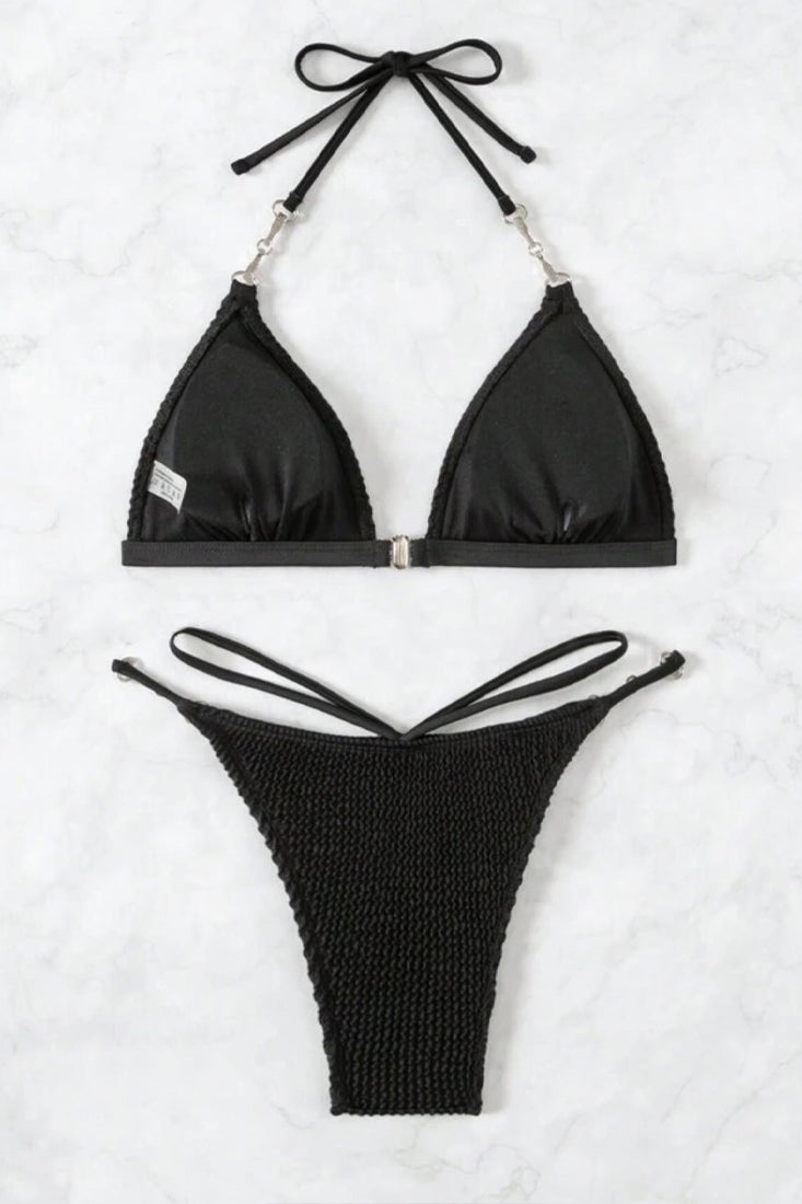 Black Rhinestone Designer Buckle Strappy Sexy Bikini 2Pc Swimsuit Set