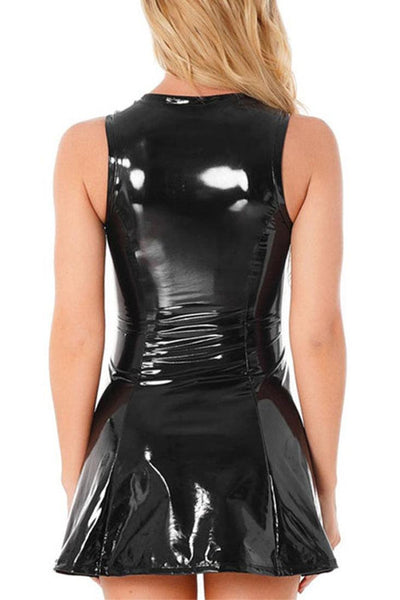 Black Patent Leather Zipper Flare Skirt Latex Sexy Dress - AMIClubwear