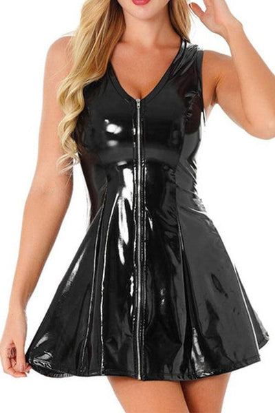 Black Patent Leather Zipper Flare Skirt Latex Sexy Dress - AMIClubwear