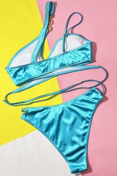 Blue Satin Gold Chain One Shoulder Strappy 2Pc Sexy Swimsuit Set Bikini - AMIClubwear