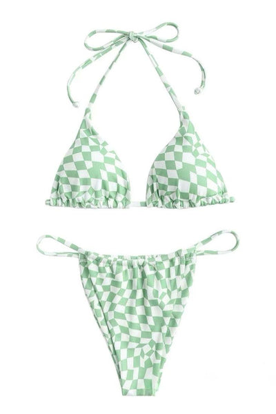 Sage Green Checker Printed Draw String Cheeky 2Pc Sexy Swimsuit Set Bikini