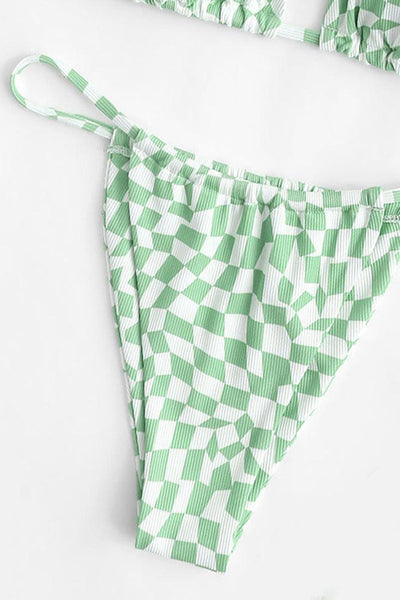 Sage Green Checker Printed Draw String Cheeky 2Pc Sexy Swimsuit Set Bikini