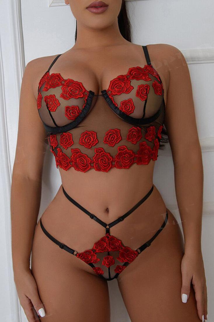 Black Red Rose Bustier Strappy Thong 2Pc Sexy Lingerie Set - AMIClubwear
