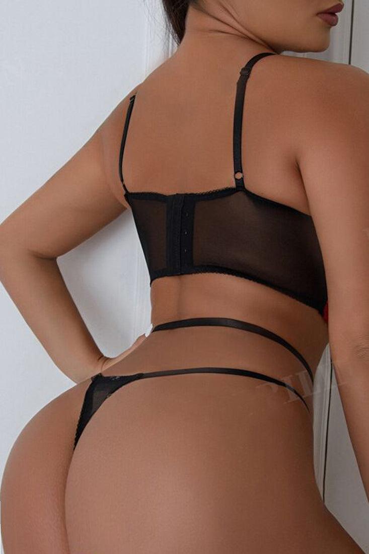 Black Red Rose Bustier Strappy Thong 2Pc Sexy Lingerie Set - AMIClubwear