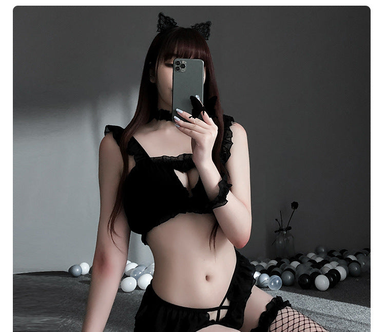 Black Ruffle Cut-Out Ultra 7Pc Sexy Kitty Costume