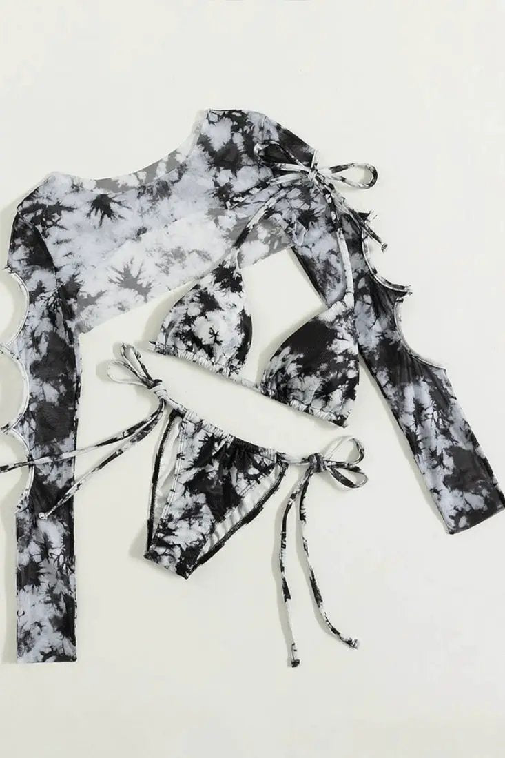 White Black Tie Dye Ribbed Bikini Mesh Cover-Up 3Pc Swimsuit Set