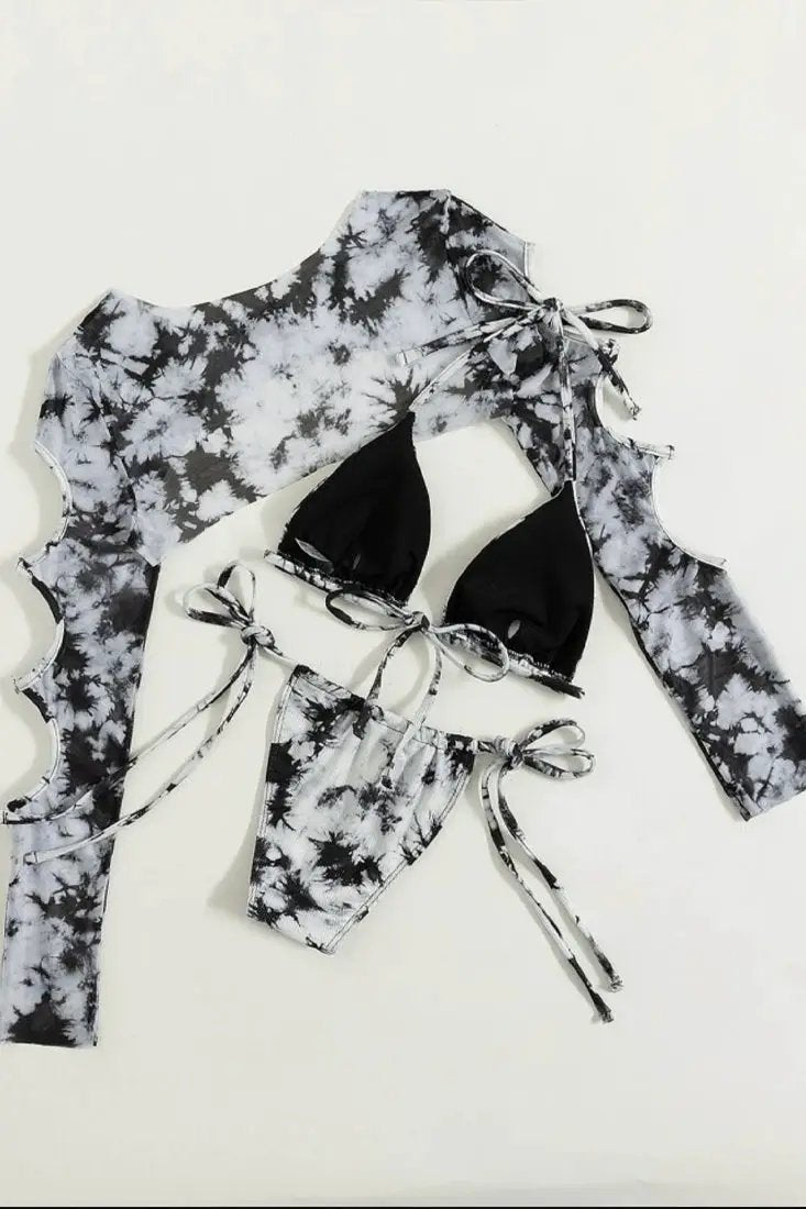 White Black Tie Dye Ribbed Bikini Mesh Cover-Up 3Pc Swimsuit Set