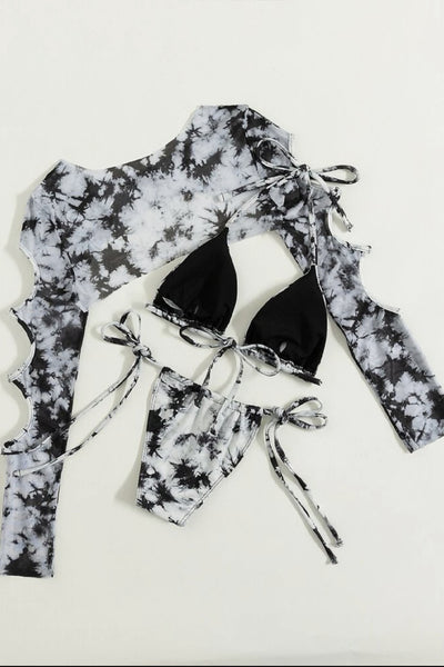 White Black Tie Dye Ribbed Bikini Mesh Cover-Up 3Pc Swimsuit Set