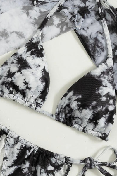 White Black Tie Dye Ribbed Bikini Mesh Cover-Up 3Pc Swimsuit Set
