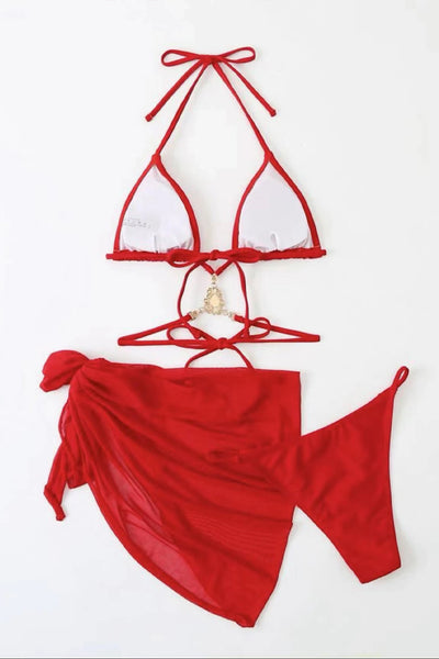 Red Rhinestone Gem Strappy Cheeky Bikini Cover-Up 3Pc Swimsuit Set