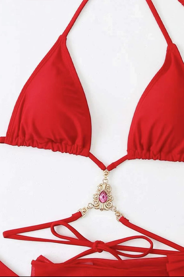 Red Rhinestone Gem Strappy Cheeky Bikini Cover-Up 3Pc Swimsuit Set