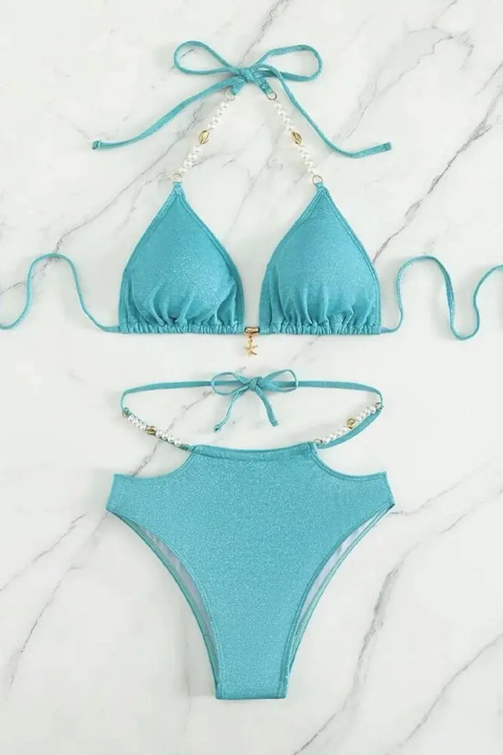 Blue Shimmer Pearl Star Fish Strappy High Waist 2Pc Sexy Swimsuit