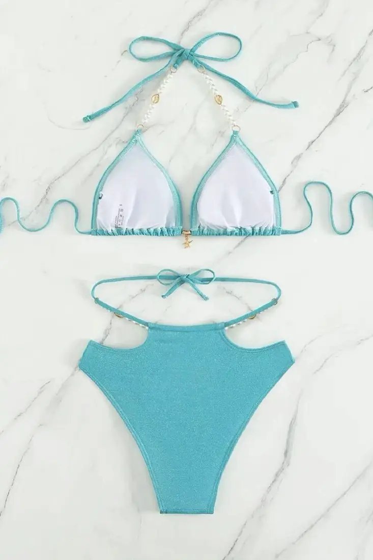 Blue Shimmer Pearl Star Fish Strappy High Waist 2Pc Sexy Swimsuit