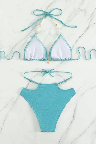 Blue Shimmer Pearl Star Fish Strappy High Waist 2Pc Sexy Swimsuit
