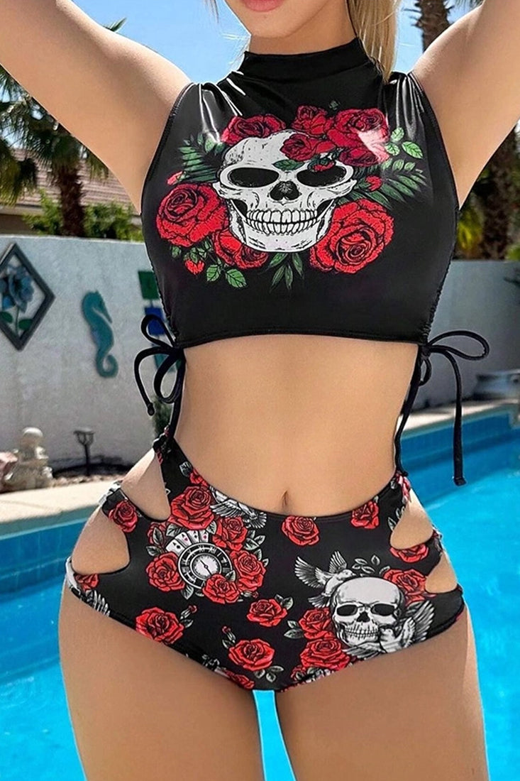 Black Skull Straw-string Top Cut-Out High Waist Bottom 2Pc Swimsuit Set
