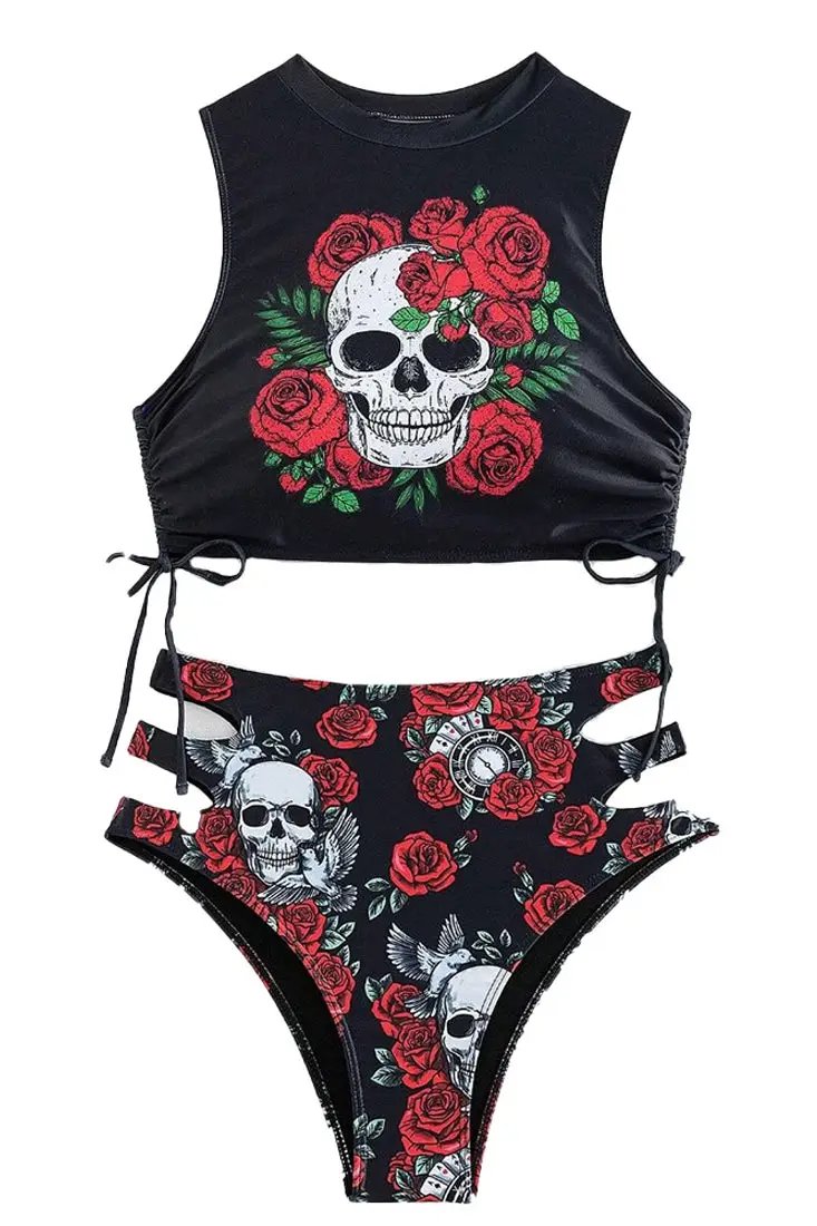 Black Skull Straw-string Top Cut-Out High Waist Bottom 2Pc Swimsuit Set