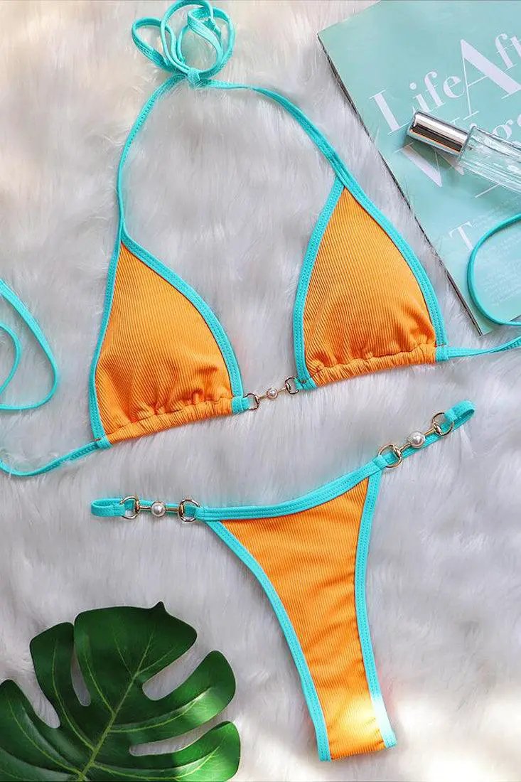 Orange Blue Piping Pearl Buckle Triangle Thong Ultra Sexy 2Pc Swimsuit Bikini Set