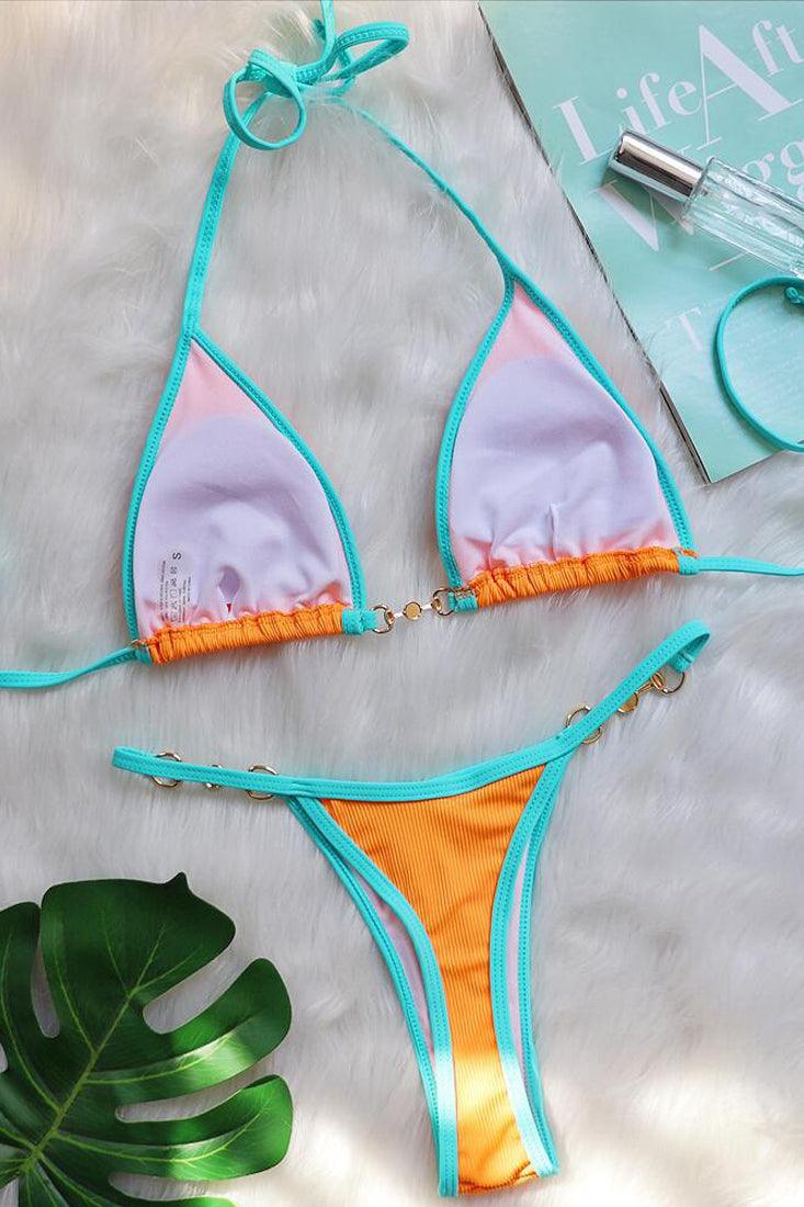 Orange Blue Piping Pearl Buckle Triangle Thong Ultra Sexy 2Pc Swimsuit Bikini Set