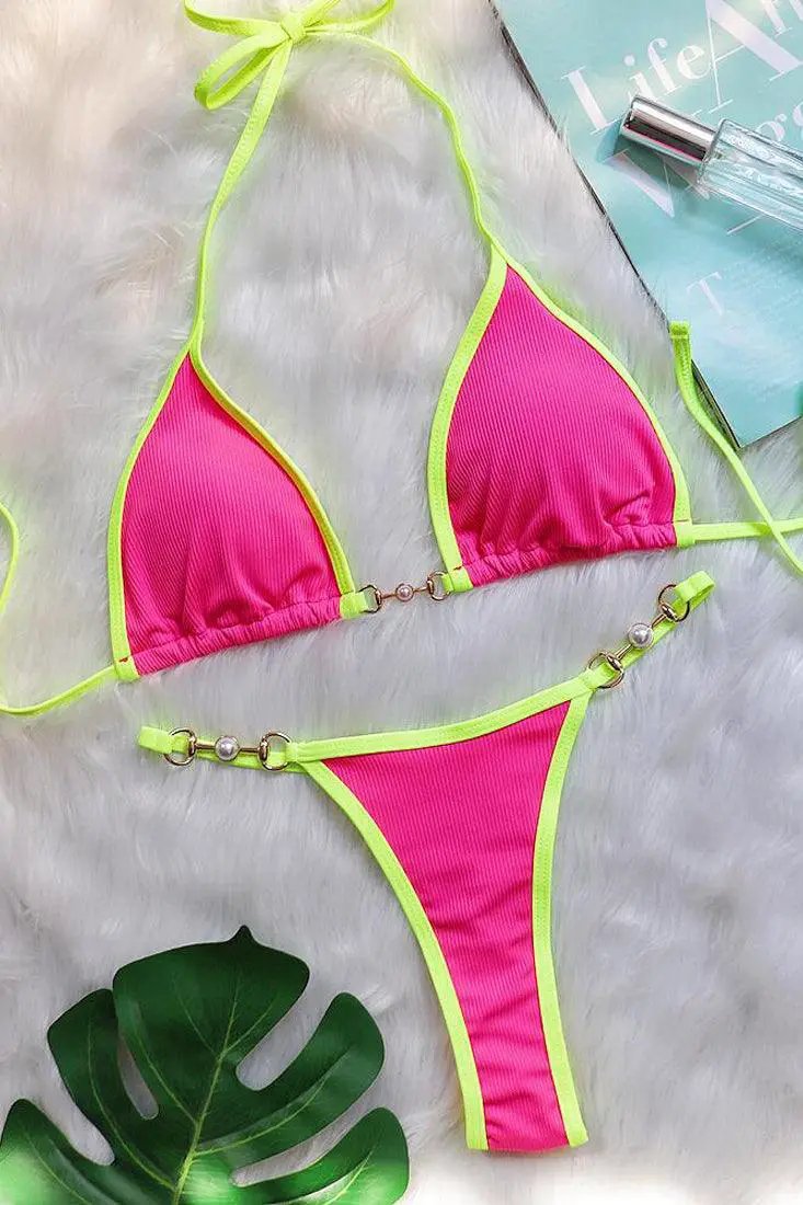 Pink Lime Piping Pearl Buckle Triangle Thong Ultra Sexy 2Pc Swimsuit Bikini Set
