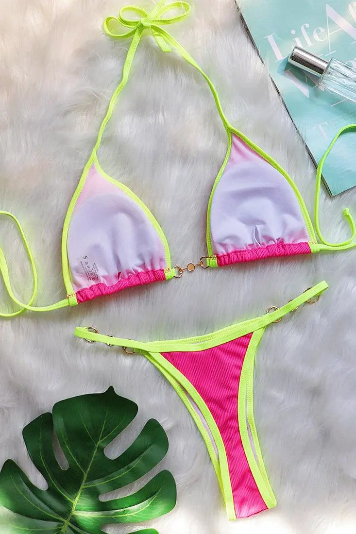Pink Lime Piping Pearl Buckle Triangle Thong Ultra Sexy 2Pc Swimsuit Bikini Set