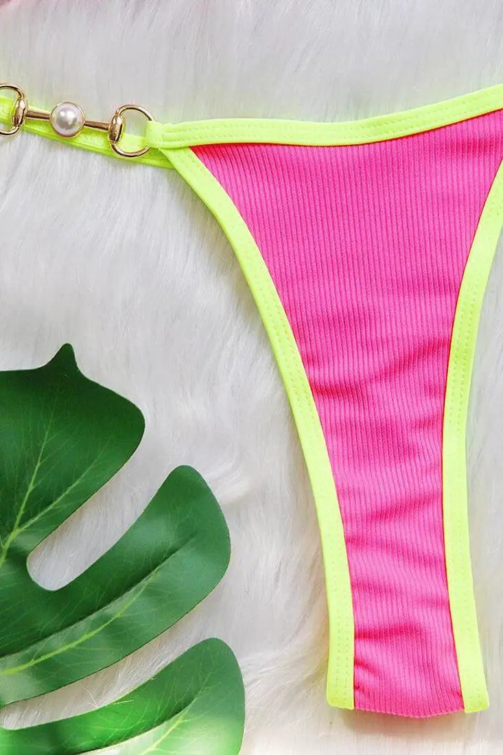 Pink Lime Piping Pearl Buckle Triangle Thong Ultra Sexy 2Pc Swimsuit Bikini Set