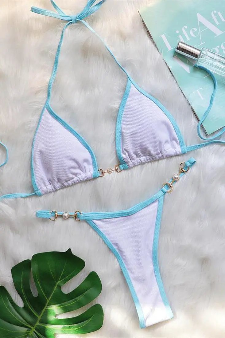 White Blue Piping Pearl Buckle Triangle Thong Ultra Sexy 2Pc Swimsuit Bikini Set