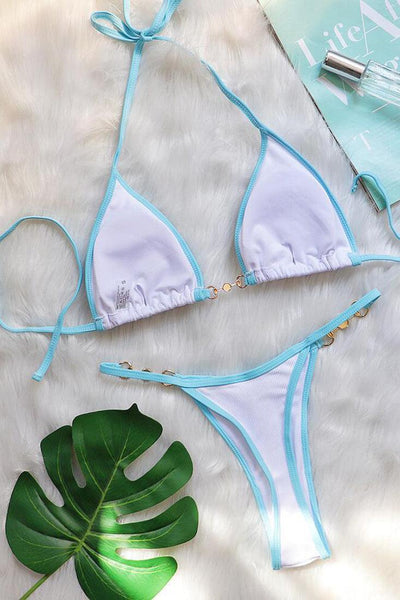 White Blue Piping Pearl Buckle Triangle Thong Ultra Sexy 2Pc Swimsuit Bikini Set