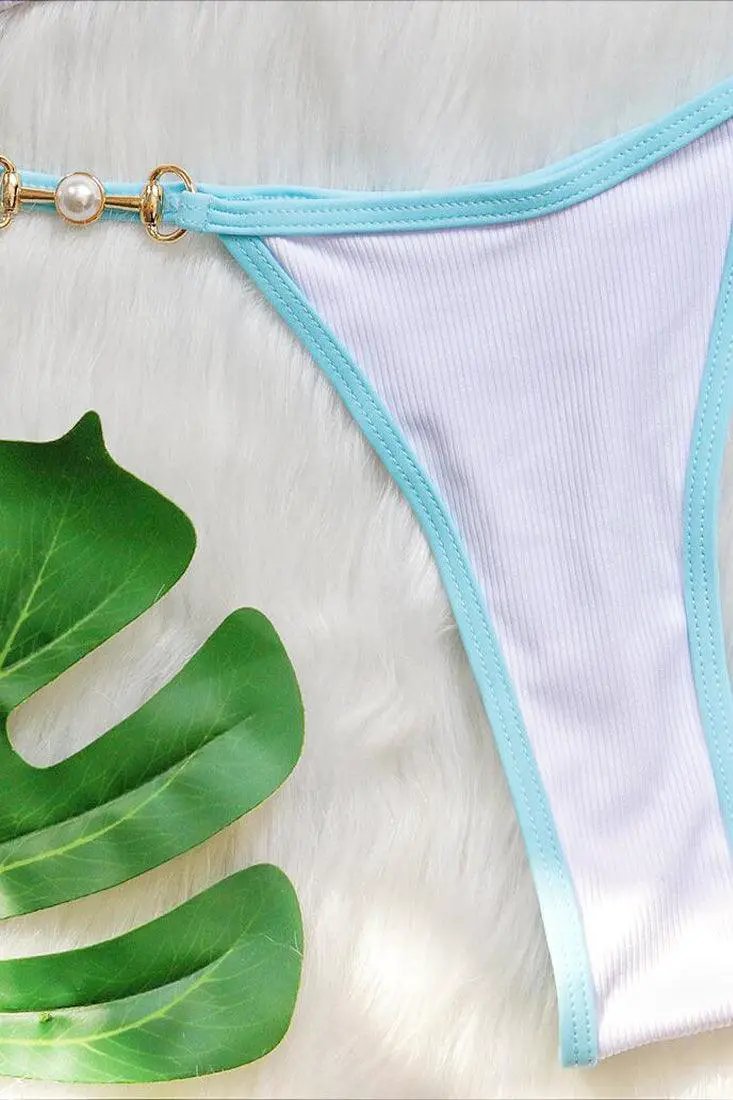 White Blue Piping Pearl Buckle Triangle Thong Ultra Sexy 2Pc Swimsuit Bikini Set