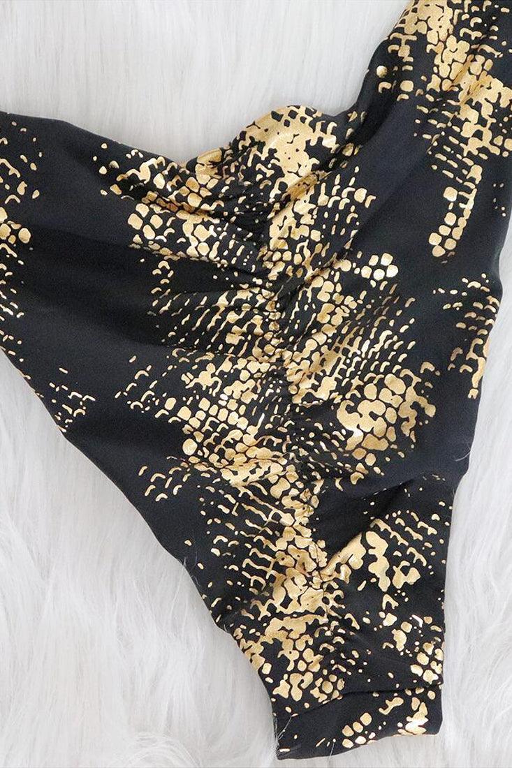 Black Gold Foil Snake Print Rhinestone Triangle Cheeky Ruched Butt 2Pc Swimsuit Set Bikini - AMIClubwear