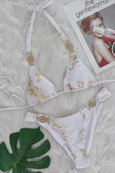 White Gold Foil Snake Print Rhinestone Triangle Cheeky Ruched Butt 2Pc Swimsuit Set Bikini - AMIClubwear