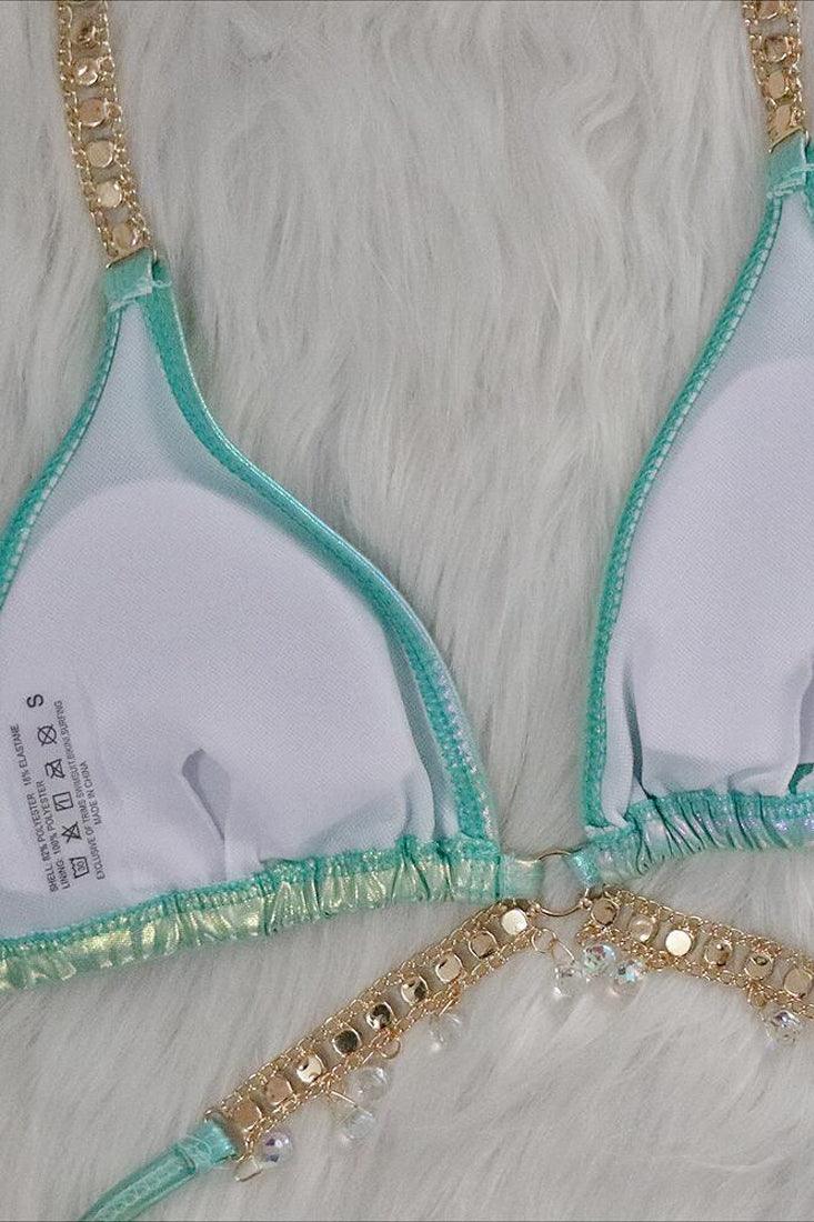 Green Holographic Rhinestone Starfish Strappy Draw String Cheeky 2Pc Swimsuit Set Bikini - AMIClubwear
