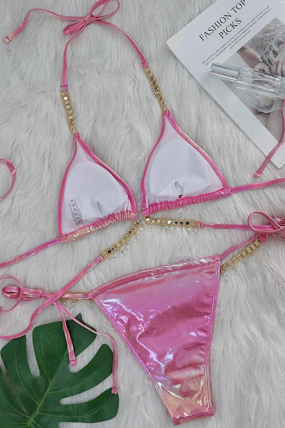 Pink Holographic Rhinestone Starfish Strappy Draw String Cheeky 2Pc Swimsuit Set Bikini - AMIClubwear