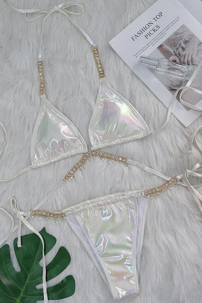 White Holographic Rhinestone Starfish Strappy Draw String Cheeky 2Pc Swimsuit Set Bikini - AMIClubwear